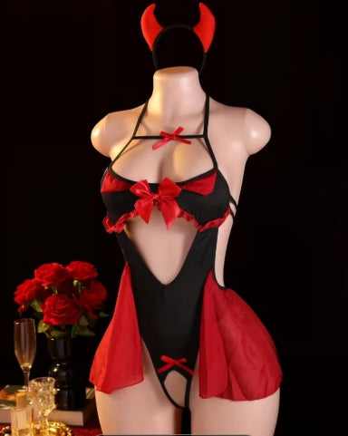 Sexy Little Devil Costume - Sexy Devil Outfit with Lace-Up Front, Off-Shoulder Bodysuit,  & Red Bows - Halloween Party,