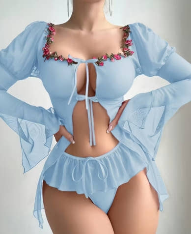 Chest with Flared Sleeves, Elegant And Comfortable Camisole Skirt And Thong Underwear, Bedtime Outfit, Sleepwear Set, Crochet Details, Elegant Design, Breathable Material, Soft Fabric,
