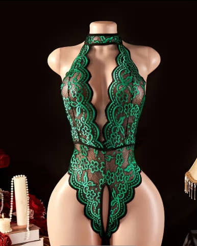 Hanging neck lace contrasting sexy lingerie Women's erotic clothing without crotch deep V