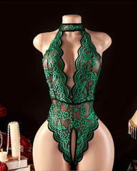 Hanging neck lace contrasting sexy lingerie Women's erotic clothing without crotch deep V