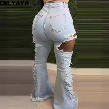 Women Streetwear Ripped Out Tassel Hollow Out Cargo Flare Denim Pants 2024 Autumn INS Fashion OL Casual Jeans