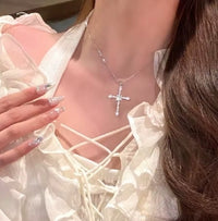 Elegant crystal cross pendant necklace for women, silver color star necklace, fashion party jewelry