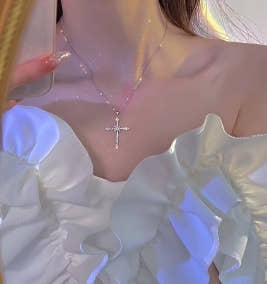 Elegant crystal cross pendant necklace for women, silver color star necklace, fashion party jewelry