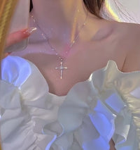 Elegant crystal cross pendant necklace for women, silver color star necklace, fashion party jewelry