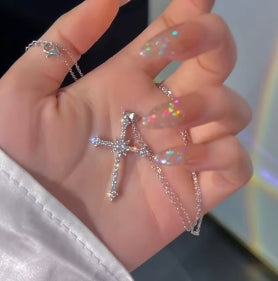 Elegant crystal cross pendant necklace for women, silver color star necklace, fashion party jewelry