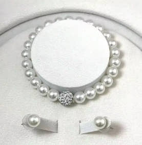 Set of 3 pcs of imitation pearls, fireball necklace, bracelet, earring, jewelry set with pin, silver color crystal stone, elegant bridal jewelry