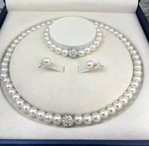 Set of 3 pcs of imitation pearls, fireball necklace, bracelet, earring, jewelry set with pin, silver color crystal stone, elegant bridal jewelry