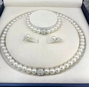 Set of 3 pcs of imitation pearls, fireball necklace, bracelet, earring, jewelry set with pin, silver color crystal stone, elegant bridal jewelry