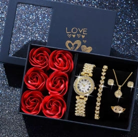 Luxury gold wristwatch for women, set of 6 pcs., quartz wristwatch with diamonds for women, Valentine's Day gift for Mother's Day