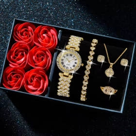 Luxury gold wristwatch for women, set of 6 pcs., quartz wristwatch with diamonds for women, Valentine's Day gift for Mother's Day