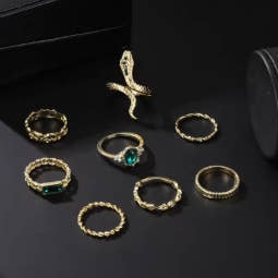 Set of 8 twisted snake-shaped rings with retro and fashionable imitation gemstones
