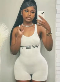 Strange cat letter print romper for women, casual sleeveless sporty fitted jumpsuit with low neck and elastic activity, tight short jumpsuits