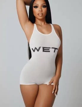 Strange cat letter print romper for women, casual sleeveless sporty fitted jumpsuit with low neck and elastic activity, tight short jumpsuits