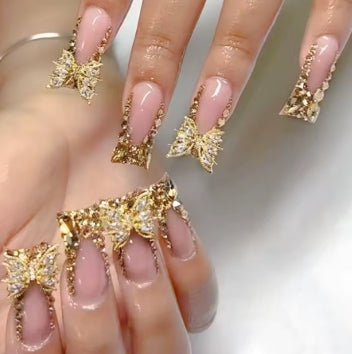 24pcs Duckbill Shaped Fake Nails Gold Butterfly Rhinestone Design False Nail Tips Wearable Full Cover French Press on Nails