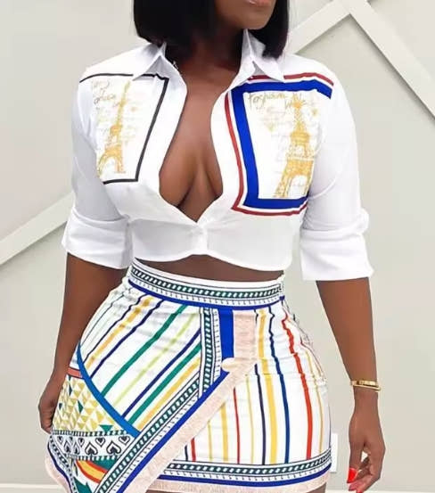 Two Piece Set Women Outfit 2024 Summer Fashion Graphic Print Buttoned Turn-Down Collar Shirt & Striped Asymmetrical Skirt Set