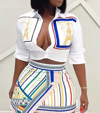 Two Piece Set Women Outfit 2024 Summer Fashion Graphic Print Buttoned Turn-Down Collar Shirt & Striped Asymmetrical Skirt Set