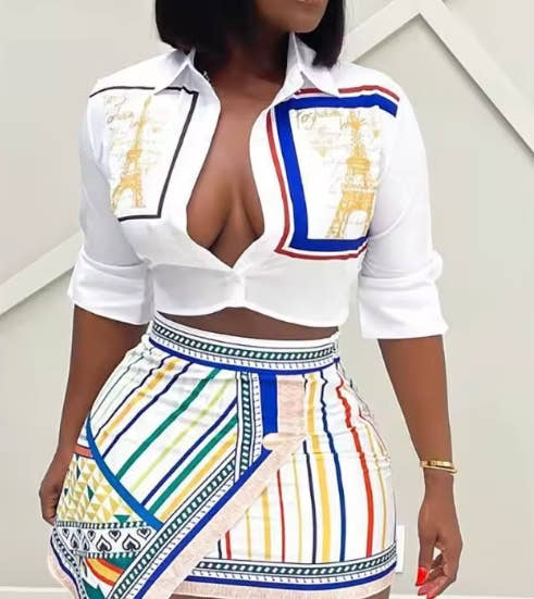 Two Piece Set Women Outfit 2024 Summer Fashion Graphic Print Buttoned Turn-Down Collar Shirt & Striped Asymmetrical Skirt Set