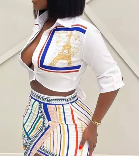 Two Piece Set Women Outfit 2024 Summer Fashion Graphic Print Buttoned Turn-Down Collar Shirt & Striped Asymmetrical Skirt Set