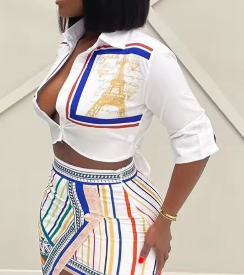 Two Piece Set Women Outfit 2024 Summer Fashion Graphic Print Buttoned Turn-Down Collar Shirt & Striped Asymmetrical Skirt Set