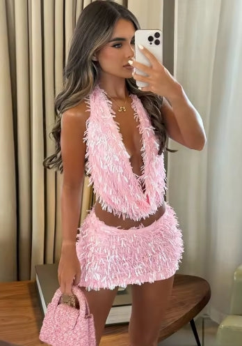 Weird Puss Sequin Tassels 2 Piece Set Women Sexy Swing Collar Tank Tops+Peach Hip Skits Midnight Summer Birthday Party Clubwear