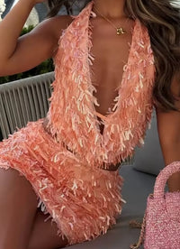 Weird Puss Sequin Tassels 2 Piece Set Women Sexy Swing Collar Tank Tops+Peach Hip Skits Midnight Summer Birthday Party Clubwear