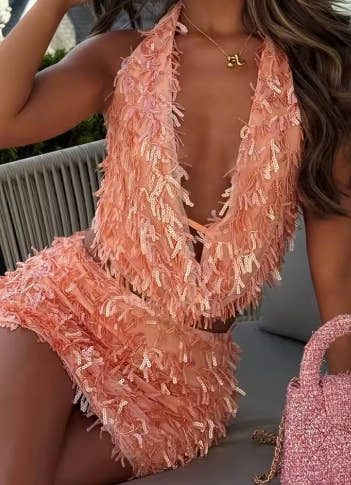 Weird Puss Sequin Tassels 2 Piece Set Women Sexy Swing Collar Tank Tops+Peach Hip Skits Midnight Summer Birthday Party Clubwear