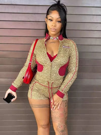 Weird Puss Casual Women 2 Piece Set Tracksuit Leopard Print Patchwork Zip Crop Jacket+Shorts Sporty Stretch Streetwear Outfits