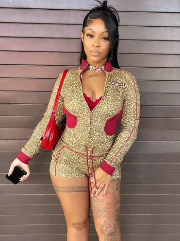 Weird Puss Casual Women 2 Piece Set Tracksuit Leopard Print Patchwork Zip Crop Jacket+Shorts Sporty Stretch Streetwear Outfits