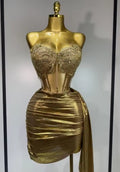 Women Sexy Strapless Sequins Rhinestone Gold Dress Glitter Top Two Pieces Sets Birthday Evening Party Club Singer Stage Outfit