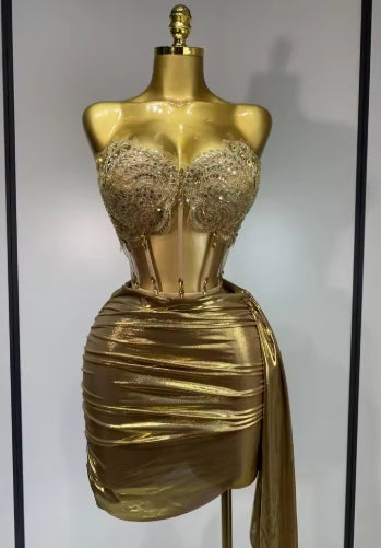 Women Sexy Strapless Sequins Rhinestone Gold Dress Glitter Top Two Pieces Sets Birthday Evening Party Club Singer Stage Outfit