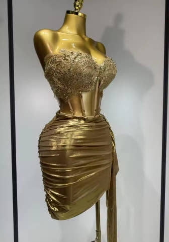 Women Sexy Strapless Sequins Rhinestone Gold Dress Glitter Top Two Pieces Sets Birthday Evening Party Club Singer Stage Outfit