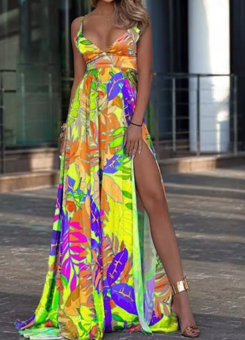 Color Print Spaghetti Strap Long Dresses Women Sexy Deep V-neck Backless Slit Dress Fashion Bohemian Beach Vacation Maxi Vestido
