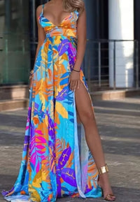 Color Print Spaghetti Strap Long Dresses Women Sexy Deep V-neck Backless Slit Dress Fashion Bohemian Beach Vacation Maxi Vestido
