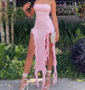 Women Strapless Sexy Floral Fold Hemline High Slit Mini Dress 2024 Solid Backless Sleeveless Black And Pink Party Dress Vestidos