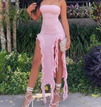 Women Strapless Sexy Floral Fold Hemline High Slit Mini Dress’s 2024 Solid Backless Sleeveless Black And Pink Party Dress Vestidos