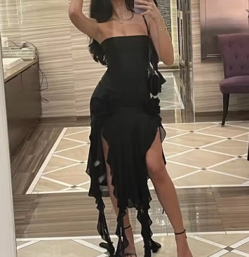 Women Strapless Sexy Floral Fold Hemline High Slit Mini Dress’s 2024 Solid Backless Sleeveless Black And Pink Party Dress Vestidos