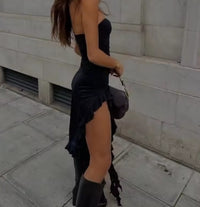 Women Strapless Sexy Floral Fold Hemline High Slit Mini Dress 2024 Solid Backless Sleeveless Black And Pink Party Dress Vestidos