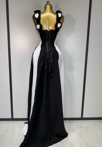 Sexy High fork Sleeveless Bandage Dress Women Flower Black White Stripe Long Dresses Vacation Party Elegangt Party Club Dresses