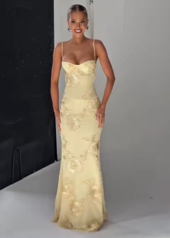 Pale Yellow Print Backless Bandage Dress Women Chic Sleeveless Off Shoulder High Waist Slim Fit Robes Lady Evening Party Gowns
