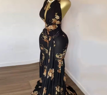 CM.YAYA Women Halter V-neck Backless Floral Sleeveless Ruffles Ruched Maxi Long Dress 2025 Vacation Sexy Party Evening Dresses