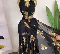 CM.YAYA Women Halter V-neck Backless Floral Sleeveless Ruffles Ruched Maxi Long Dress 2025 Vacation Sexy Party Evening Dresses