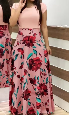 2024 European and American style flower print color matching short sleeved dress for women's large swing skirt