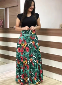 2024 European and American style flower print color matching short sleeved dress for women's large swing skirt