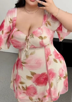 Plus Size Romantic Floral Pink Yellow Ruffle Sleeve Dress Short Sleeve V Neck Waistband Fitted Tiered