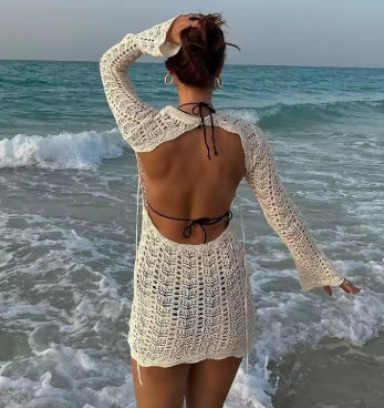 Vintage Crochet Flower Hollow Out Dress Cover-Ups Chic Women Sexy Knit Backless Tie-up Mini Dress Summer Beach Holiday Bodycon