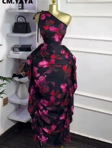CM.YAYA Women Floral Printed One Shoulder Sleeveless Stacked Ruched Bodycon Midi Maxi Long Dress 2025 Sexy Party Evening Dresses