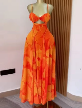 CM.YAYA Women Floral Printed Strap Backless Bra Front Big Swing Maxi Long Dress 2025 Vintage Sexy Club Party Evening Dresses