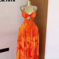 CM.YAYA Women Floral Printed Strap Backless Bra Front Big Swing Maxi Long Dress 2025 Vintage Sexy Club Party Evening Dresses