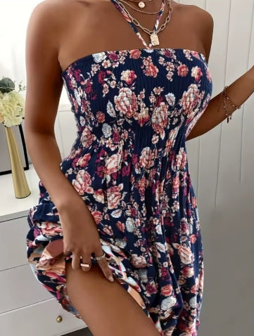 Plus Size Women Boho Flower Printed Dress Women's Strap Neck Casual Vacation Dress