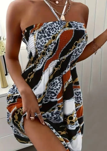 Plus Size Women Boho Flower Printed Dress Women's Strap Neck Casual Vacation Dress